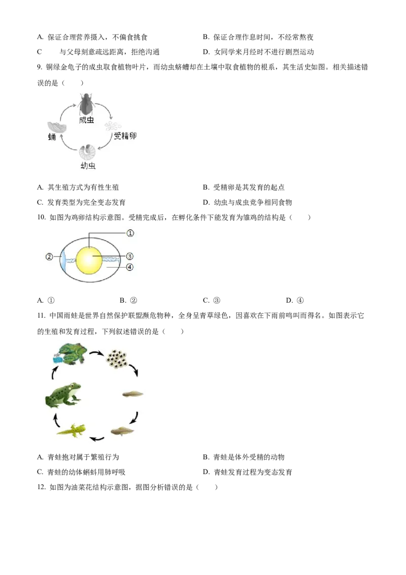 精品解析：北京市昌平区2023-2024学年八年级上学期期末生物试题（原卷版）(1)_北京初中期末题_C605-京七八九_B京生物七八九_北京八上生物_2023-2024