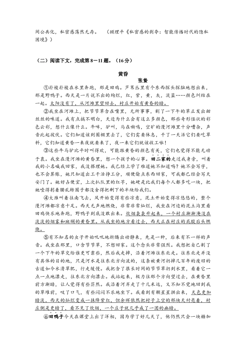 上海市奉贤区2024-2025学年高三上学期一模语文试题（含答案）_A1502026各地模拟卷（超值！）_12月_241216上海市奉贤区2025届高三上学期一模