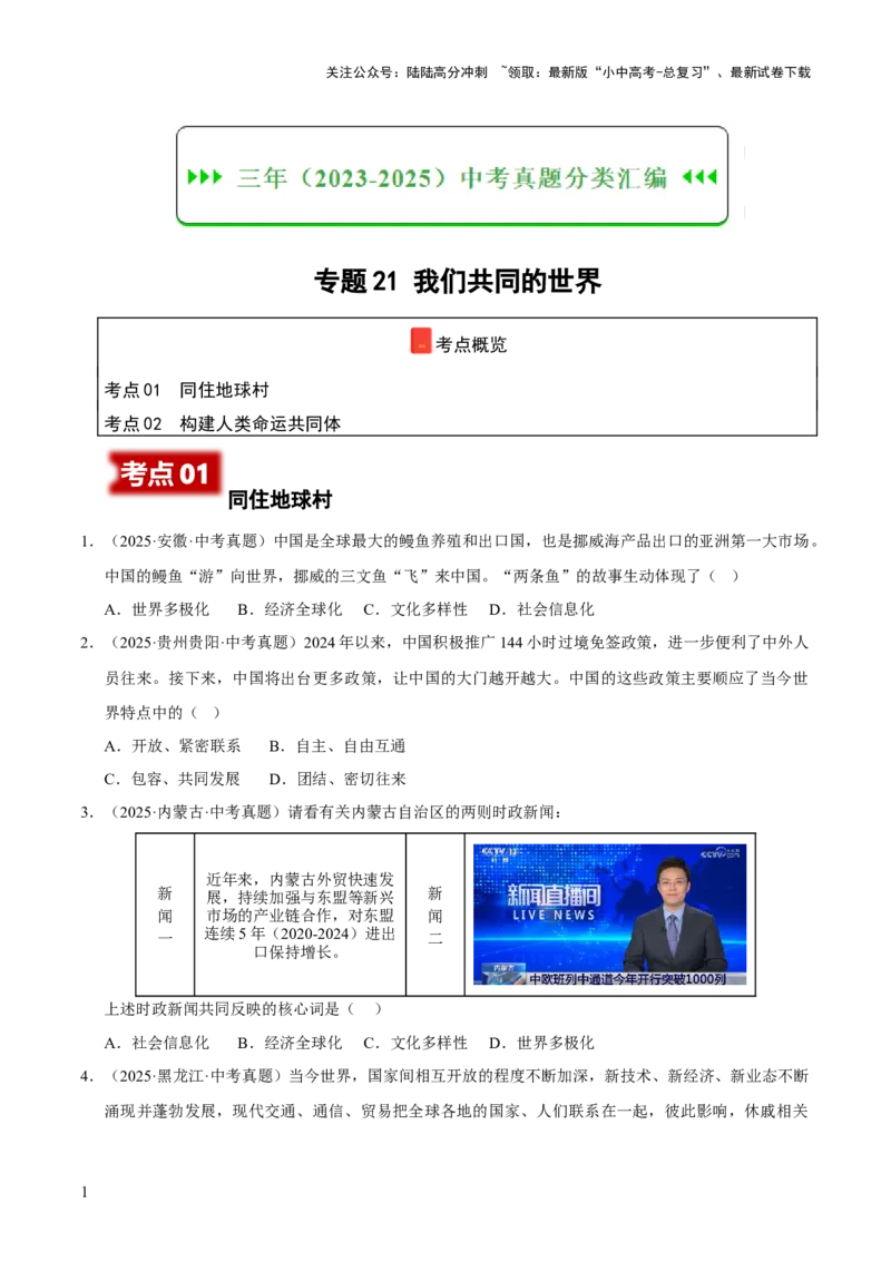 专题21我们共同的世界（原卷版）_02中考总复习（2026版更新中）_07-道法-中考总复习_2026年中考复习（更新中）_好题汇编三年（2023-2025）中考道德与法治真题分类汇编（全国通用）
