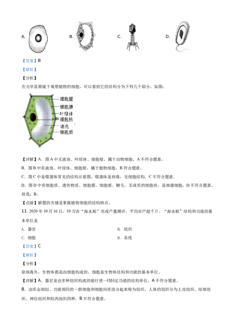 精品解析：北京市延庆区2020-2021学年七年级上学期期末生物试题（解析版）(1)_北京初中期末题_C605-京七八九_B京生物七八九_北京7上生物_2020-2021