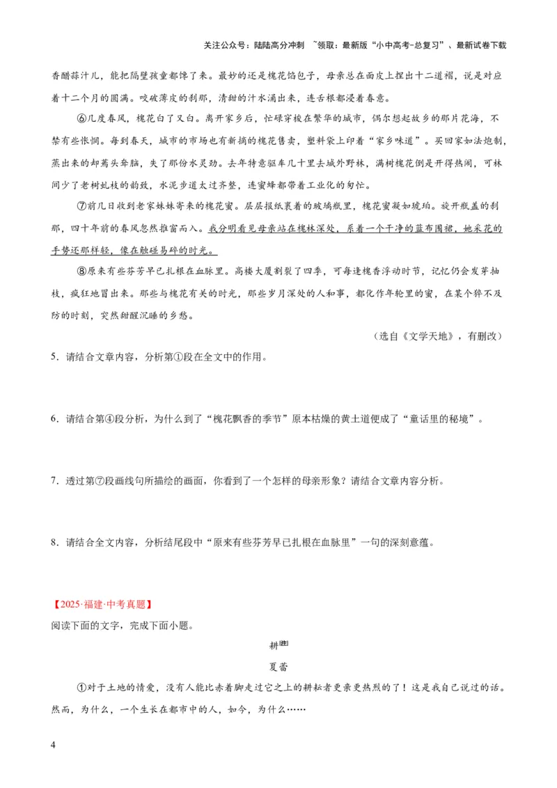 专题19散文阅读（一）（全国通用）（原卷版）_02中考总复习（2026版更新中）_01-语文-中考总复习_2026年中考复习（更新中）