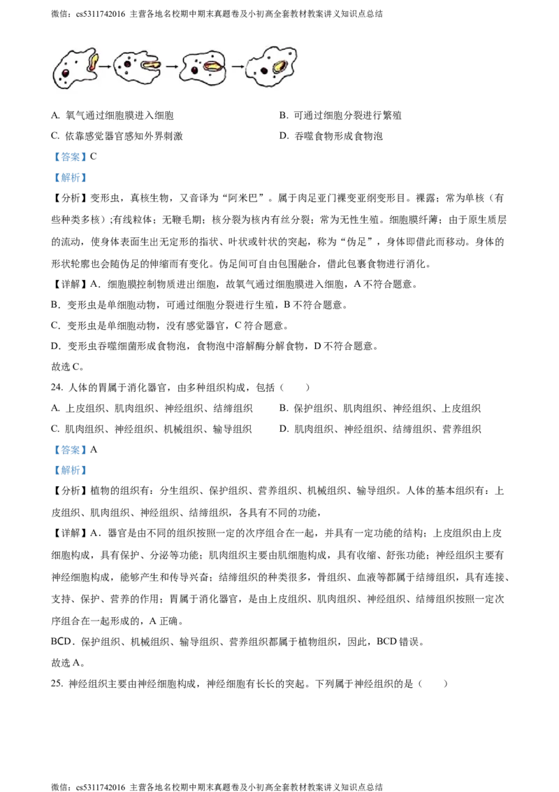 精品解析：北京市昌平区双城融合学区2023-2024学年七年级上学期期中生物试题（解析版）(1)_北京初中期末题_C605-京七八九_B京生物七八九_北京7上生物_2022-2024_北京生物7上期中