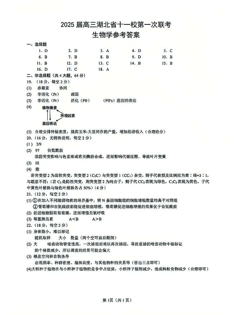 十一校生物答案_A1502026各地模拟卷（超值！）_12月_241205湖北十一校2025届高三12月联考_生物