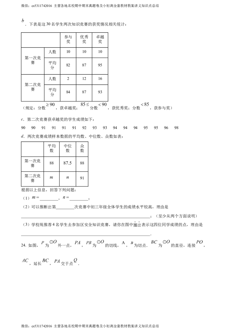 精品解析：北京市三帆中学2023-2024学年九年级下学期月考数学试题（原卷版）(1)_北京初中期末题_C605-京七八九_B京市数学七八九_北京9下数学(含中考模拟）_北京数学9下月考