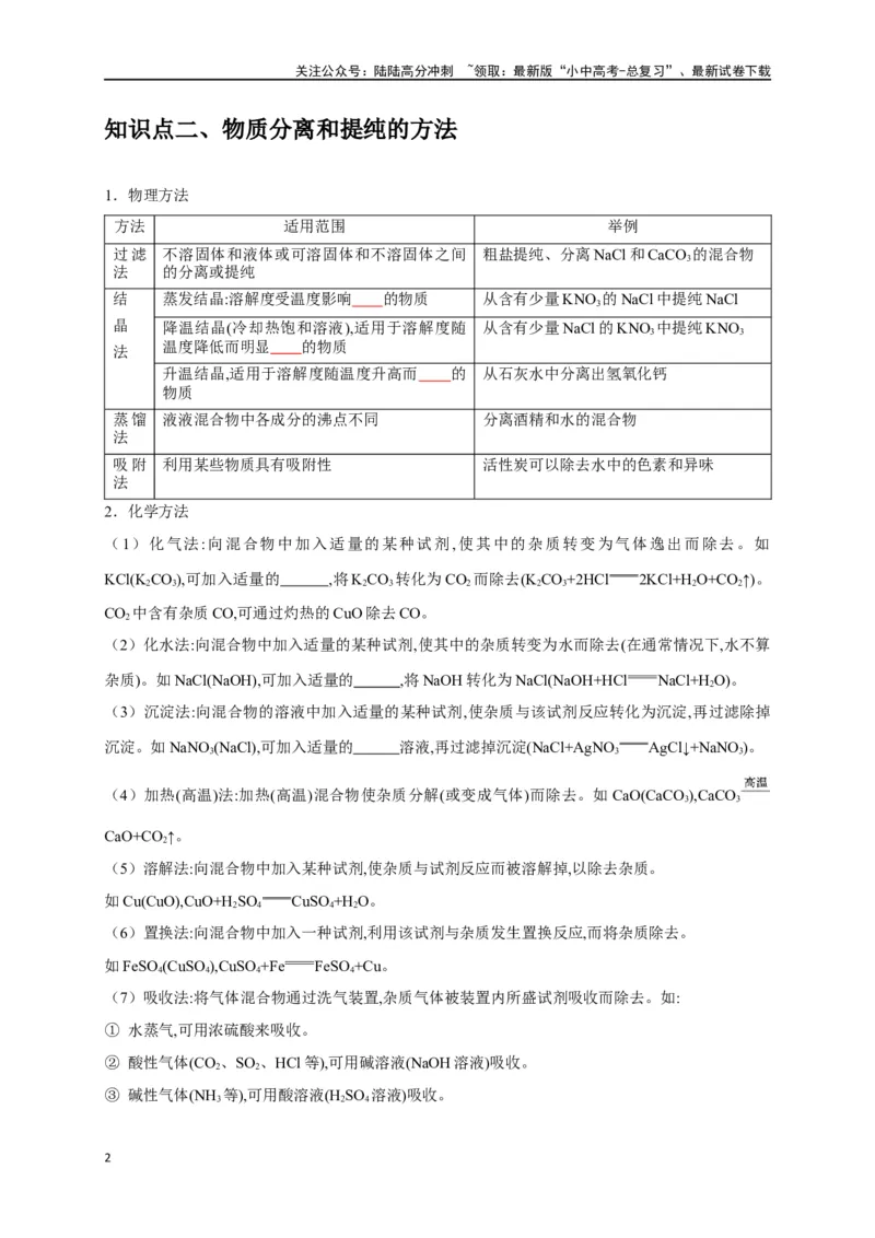 专题17物质的分离和提纯（原卷版）_02中考总复习（2026版更新中）_05-化学-中考总复习_2024年中考复习资料_一轮复习资料_完2024年中考化学复习考点一遍过（全国通用）