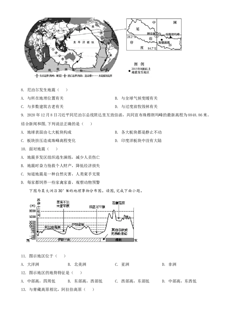 精品解析：北京市平谷区2020-2021学年八年级上学期期末地理试题（原卷版）(1)_北京初中期末题_C605-京七八九_B京地理七八九_地理_北京八上地理