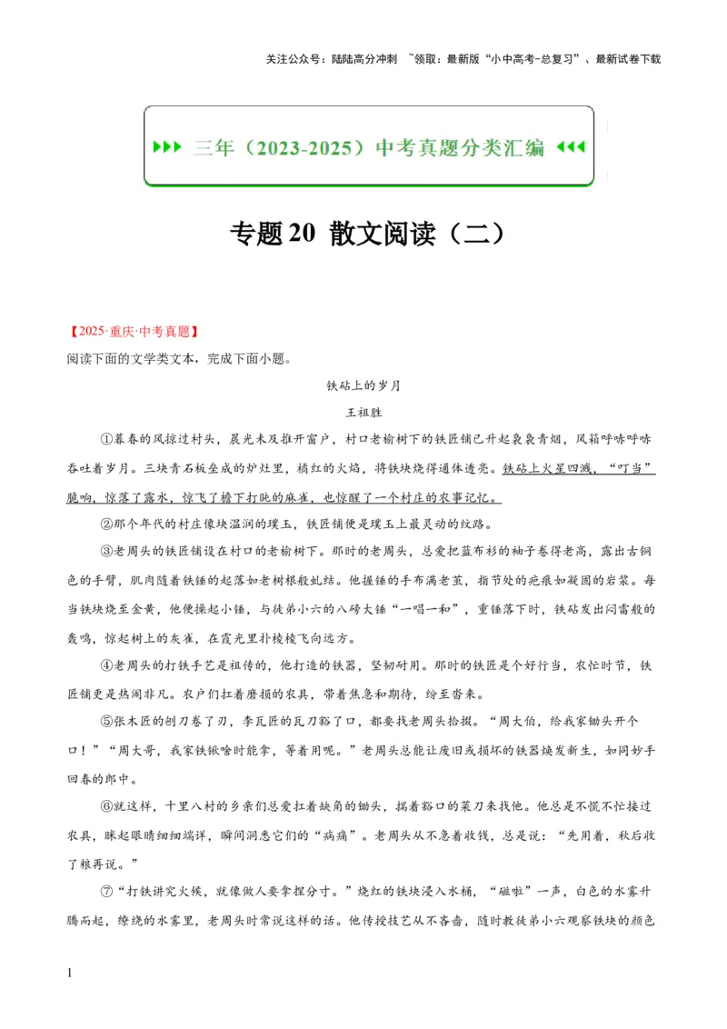 专题20散文阅读（二）（全国通用）（原卷版）_02中考总复习（2026版更新中）_01-语文-中考总复习_2026年中考复习（更新中）
