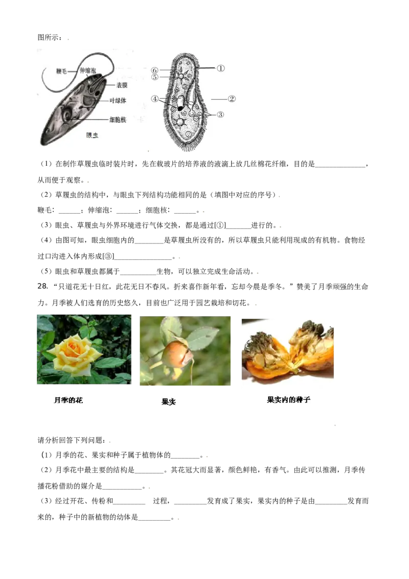 精品解析：北京市东城区2019-2020学年七年级上学期期末生物试题（原卷版）(1)_北京初中期末题_C605-京七八九_B京生物七八九_北京7上生物_2019-2020