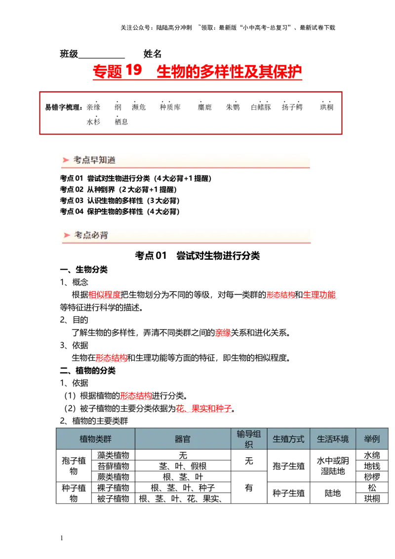 专题19+生物的多样性及其保护（背记帮）-备战2024年中考生物一轮复习考点帮_02中考总复习（2026版更新中）_08-生物-中考总复习_2024年中考复习资料_一轮复习_必背考点