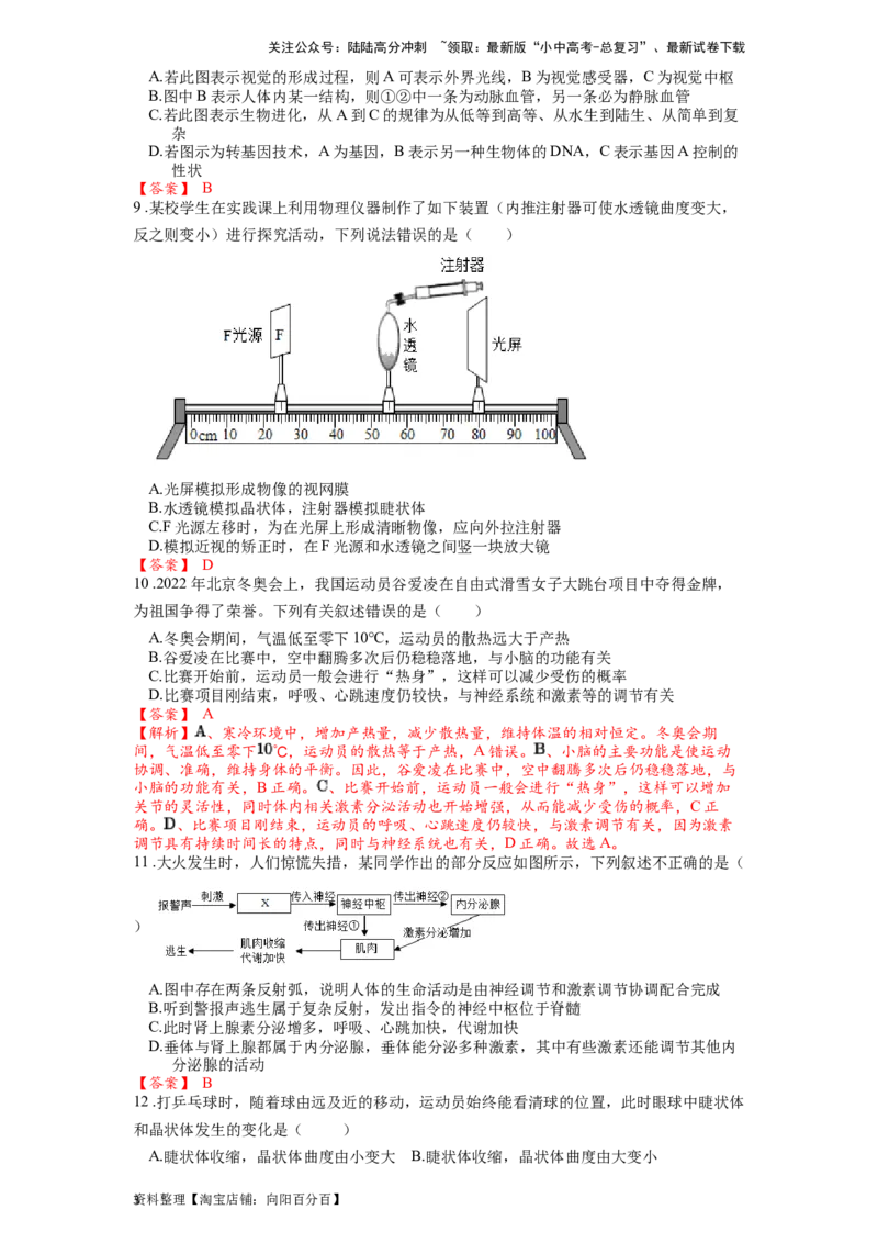 专题17人体生命活动调节（解析版）_02中考总复习（2026版更新中）_08-生物-中考总复习_2024年中考复习资料_一轮复习_配套练习_教师版（含答案解析）