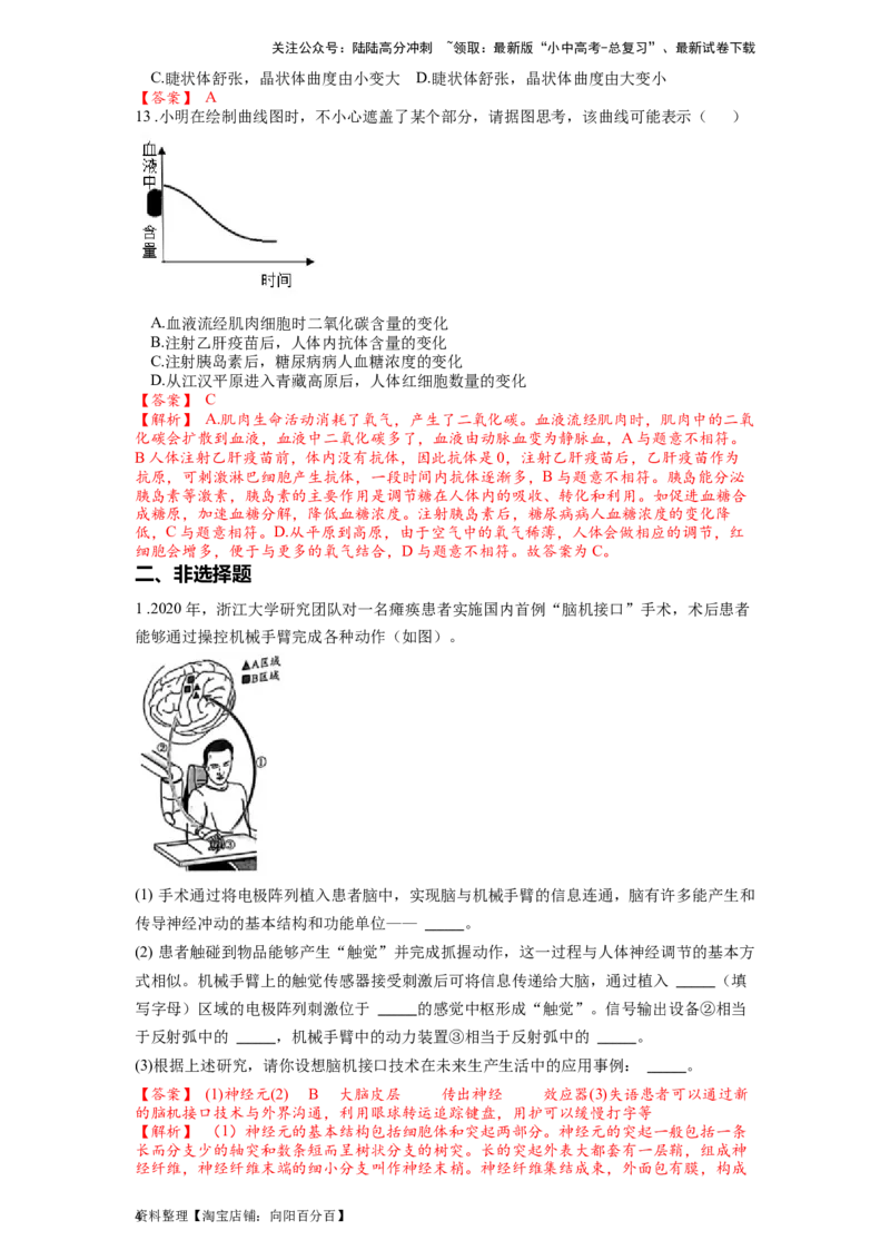 专题17人体生命活动调节（解析版）_02中考总复习（2026版更新中）_08-生物-中考总复习_2024年中考复习资料_一轮复习_配套练习_教师版（含答案解析）