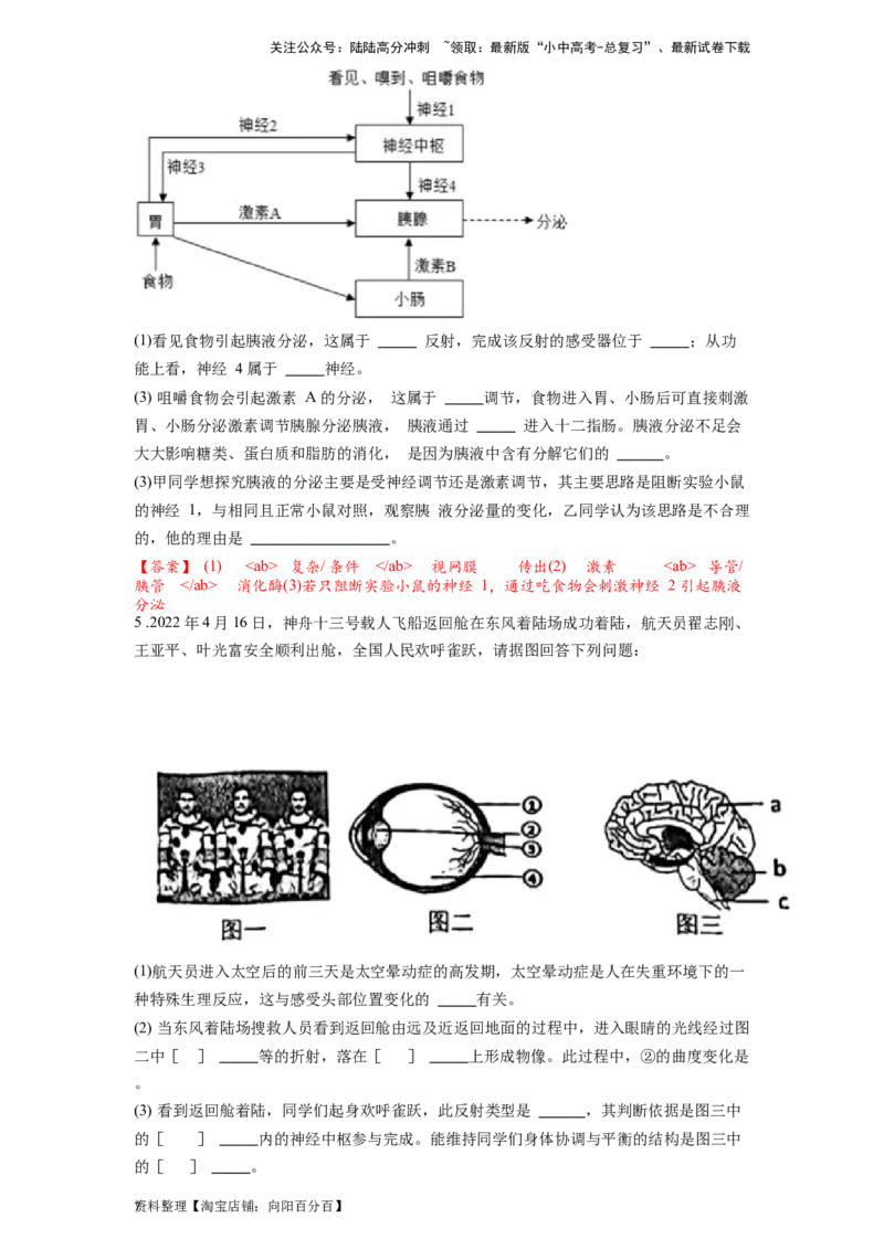 专题17人体生命活动调节（解析版）_02中考总复习（2026版更新中）_08-生物-中考总复习_2024年中考复习资料_一轮复习_配套练习_教师版（含答案解析）