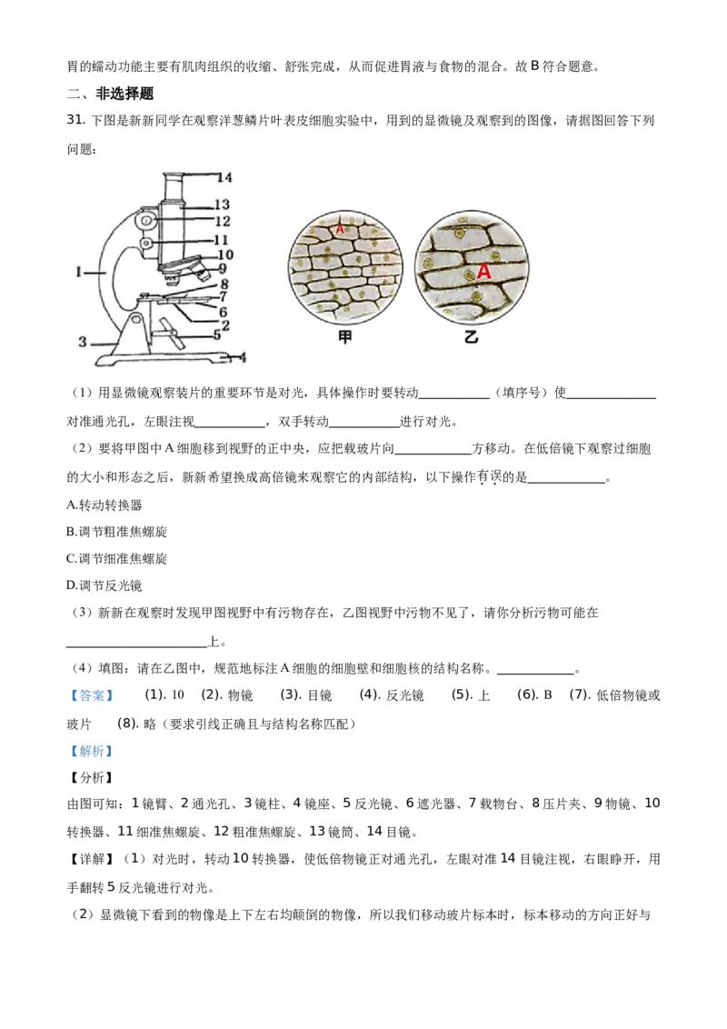 精品解析：北京市延庆区2020-2021学年七年级上学期期中生物试题（解析版）(1)_北京初中期末题_C605-京七八九_B京生物七八九_北京7上生物_2020-2021
