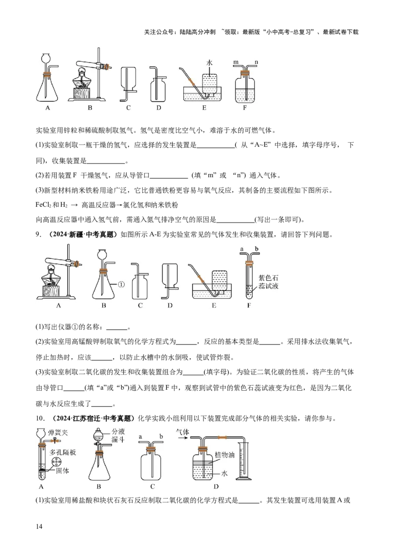 专题16气体的制取、检验和净化（练习）（原卷版）_02中考总复习（2026版更新中）_05-化学-中考总复习_2025年中考复习资料_2025中考化学一轮复习讲义+课件_练习