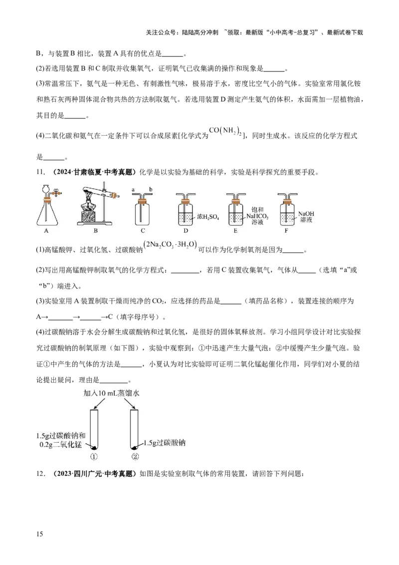 专题16气体的制取、检验和净化（练习）（原卷版）_02中考总复习（2026版更新中）_05-化学-中考总复习_2025年中考复习资料_2025中考化学一轮复习讲义+课件_练习