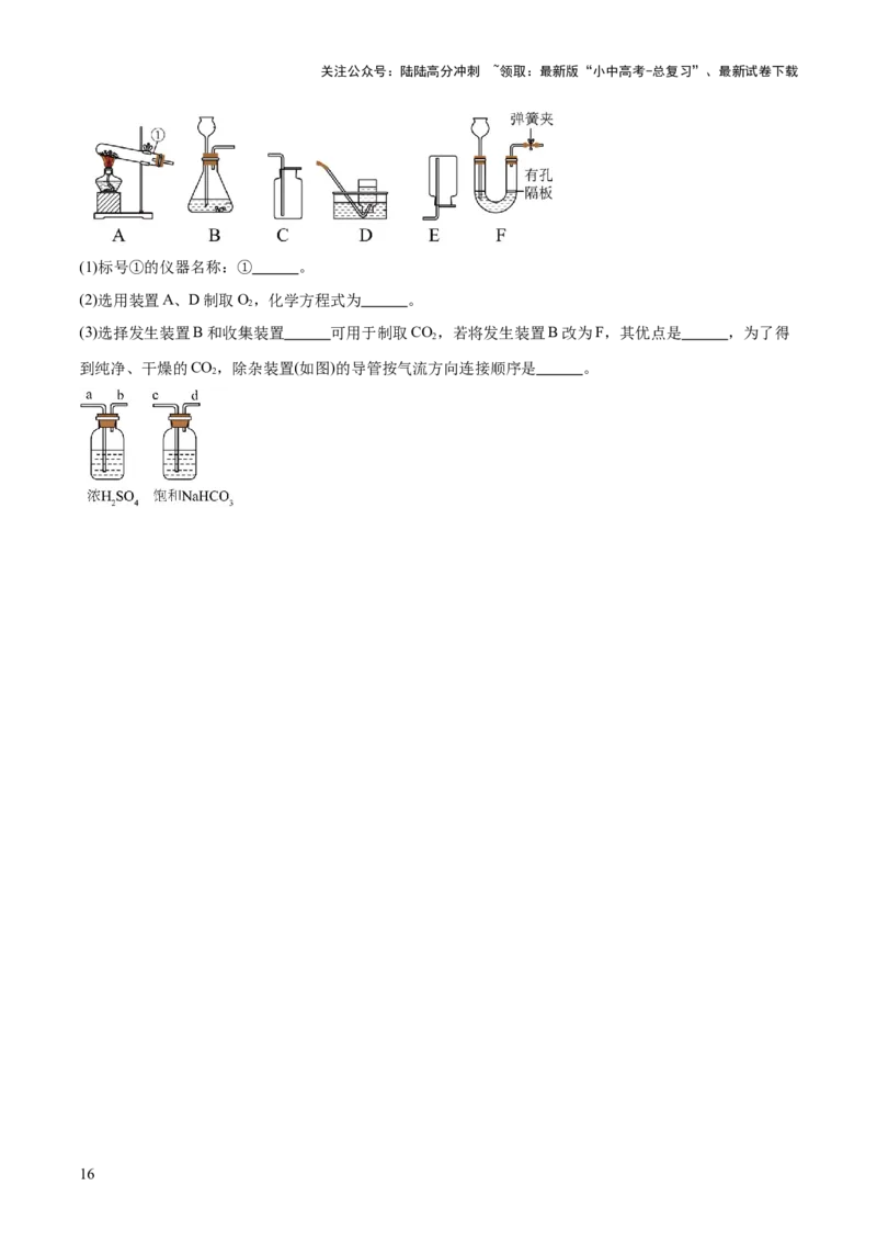 专题16气体的制取、检验和净化（练习）（原卷版）_02中考总复习（2026版更新中）_05-化学-中考总复习_2025年中考复习资料_2025中考化学一轮复习讲义+课件_练习