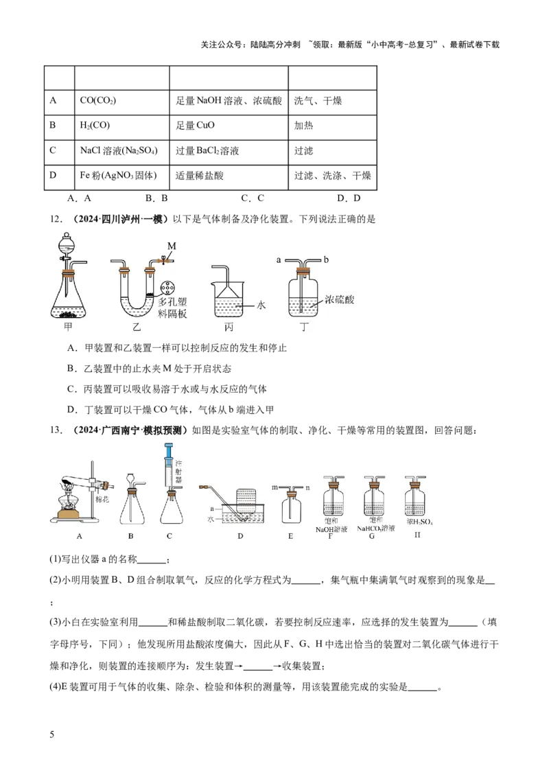 专题16气体的制取、检验和净化（练习）（原卷版）_02中考总复习（2026版更新中）_05-化学-中考总复习_2025年中考复习资料_2025中考化学一轮复习讲义+课件_练习
