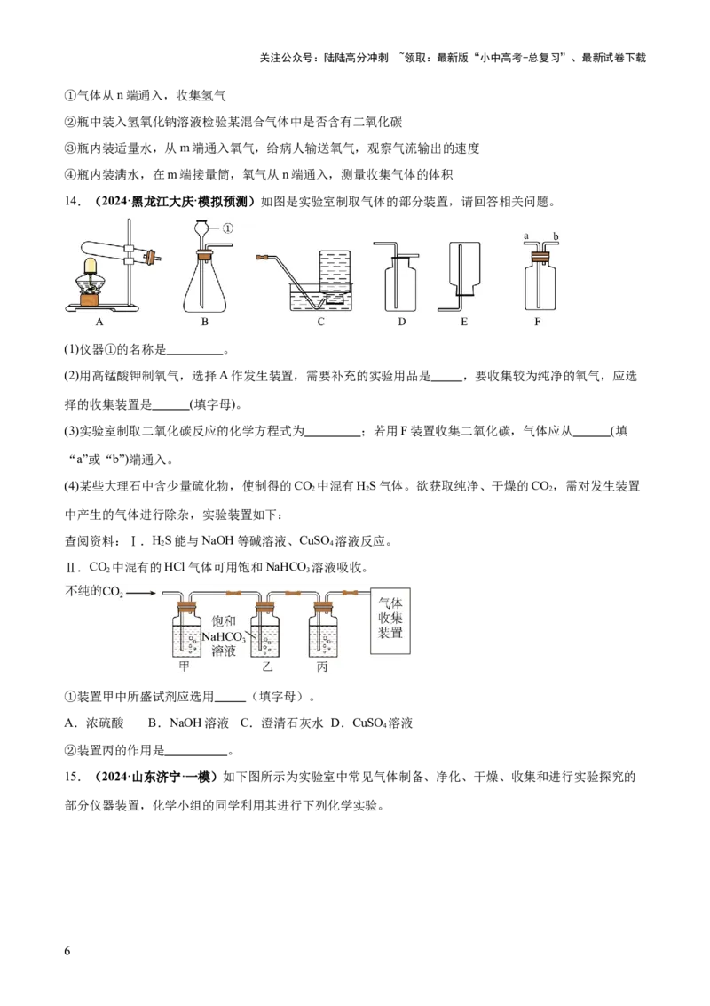 专题16气体的制取、检验和净化（练习）（原卷版）_02中考总复习（2026版更新中）_05-化学-中考总复习_2025年中考复习资料_2025中考化学一轮复习讲义+课件_练习