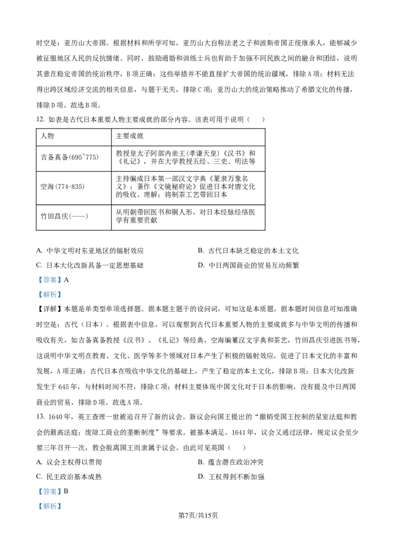 云南师范大学附属中学2025届高三高考适应性月考卷（四）历史答案_A1502026各地模拟卷（超值！）_10月_241024云南师范大学附属中学2025届高三高考适应性月考卷（四）