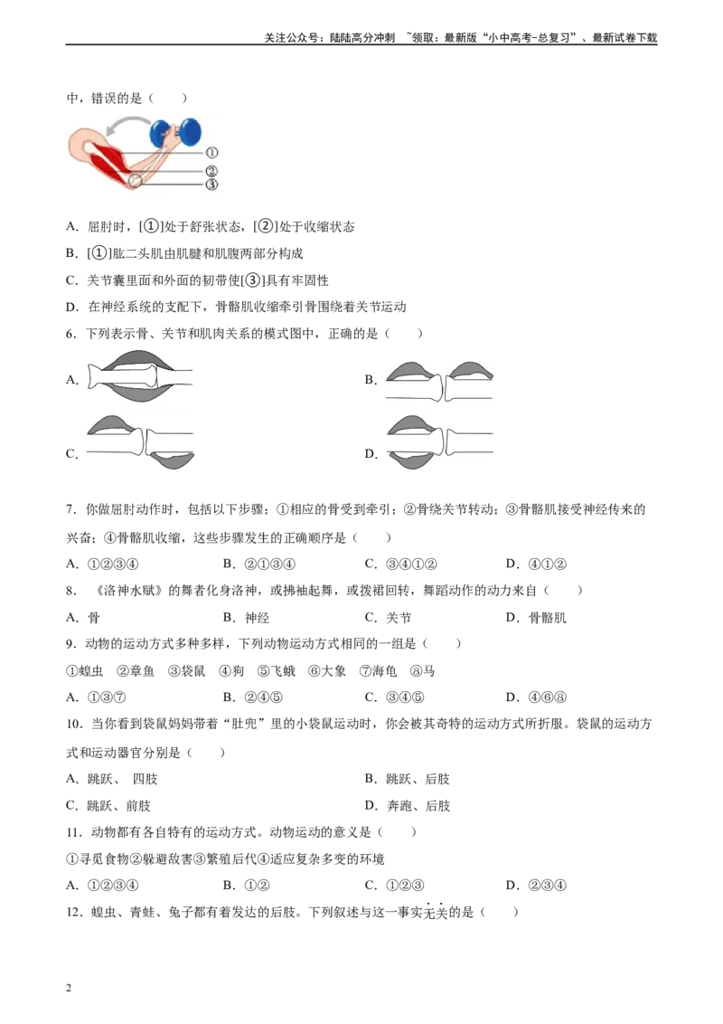 专题17哺乳动物的运动及动物在生物圈中的作用（习题精练）-省心备考2024年中考生物一轮复习精讲精练（全国通用）（原卷版）_02中考总复习（2026版更新中）_08-生物-中考总复习