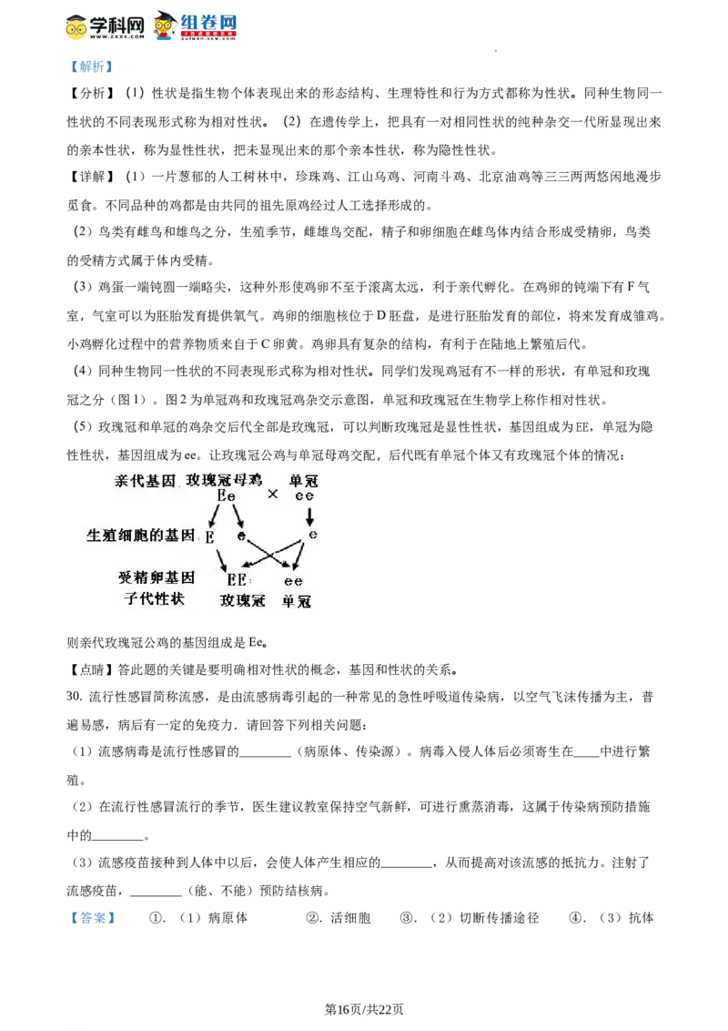 精品解析：全国区级联考北京市东城区2017～2018学年第二学期期末教学统一检测初二生物试题（解析版）(1)_北京初中期末题_C605-京七八九_B京生物七八九_北京八下生物