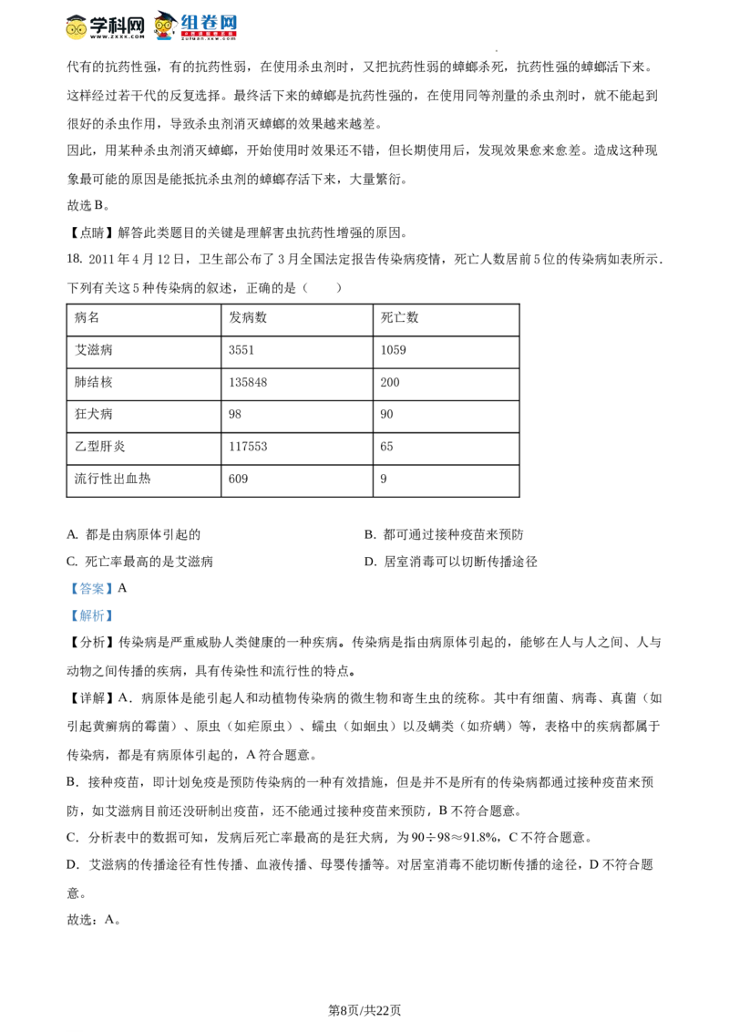 精品解析：全国区级联考北京市东城区2017～2018学年第二学期期末教学统一检测初二生物试题（解析版）(1)_北京初中期末题_C605-京七八九_B京生物七八九_北京八下生物