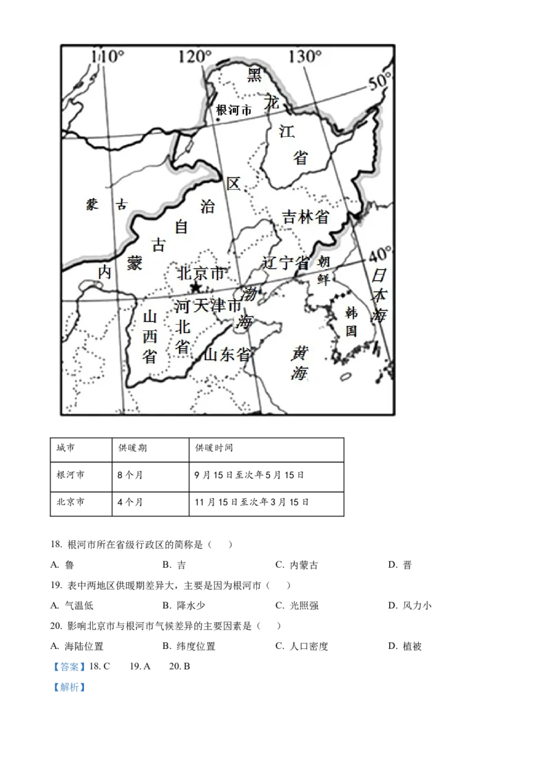 精品解析：北京市大兴区2021~2022学年七年级上学期期末地理试题（解析版）(1)_北京初中期末题_C605-京七八九_B京地理七八九_地理_北京7上地理_2020-2022