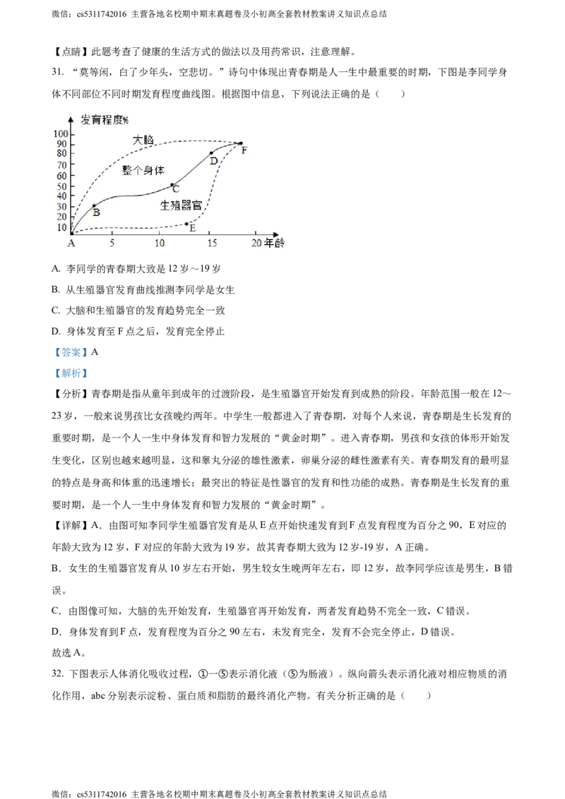 精品解析：北京市一零一中学教育集团2022-2023学年七年级下学期期中生物试题（解析版）(1)_北京初中期末题_C605-京七八九_B京生物七八九_北京7下生物_2022-2024_北京生物7下期中