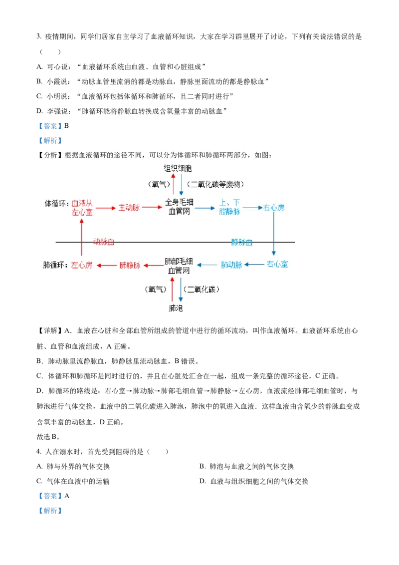 精品解析：北京市昌平区2019-2020学年七年级下学期期末生物试题（解析版）(1)_北京初中期末题_C605-京七八九_B京生物七八九_北京7下生物_2019-2020