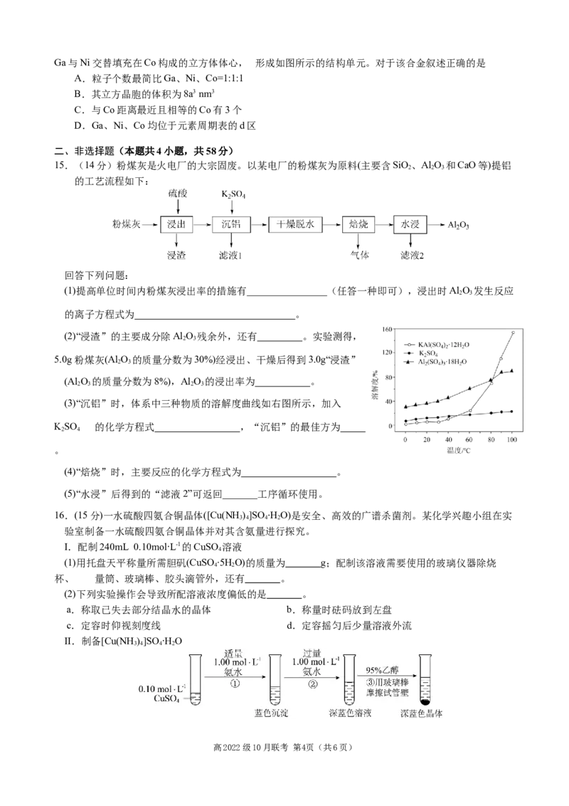 化学试题_A1502026各地模拟卷（超值！）_10月_241016四川省绵阳市南山中学集团学校2024-2025学年高三上学期10月联考