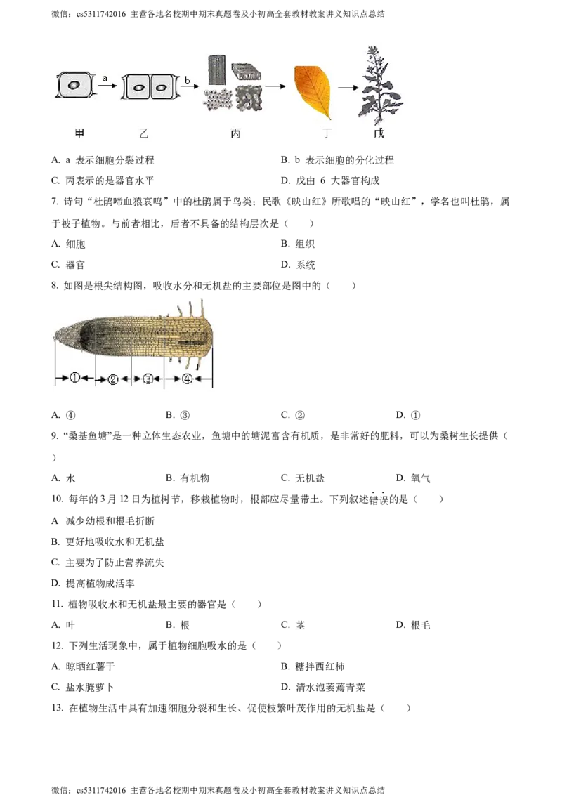 精品解析：北京市房山区2023-2024学年七年级上学期期末生物试题（原卷版）(1)_北京初中期末题_C605-京七八九_B京生物七八九_北京7上生物_2022-2024_北京生物7上期末