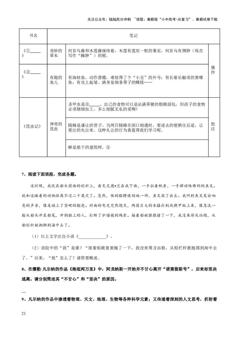 专题18《海底两万里》（知识梳理+练习）(原卷版）_02中考总复习（2026版更新中）_01-语文-中考总复习_2025年中考资料_备战2025年中考语文一轮复习考点突破（全国通用）