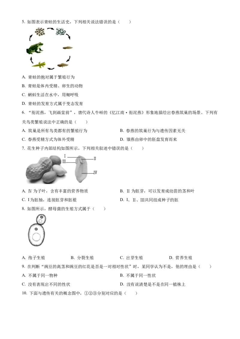 精品解析：北京市房山区2022-2023学年八年级上学期期末生物试题（原卷版）(1)_北京初中期末题_C605-京七八九_B京生物七八九_北京八上生物_2022-2023