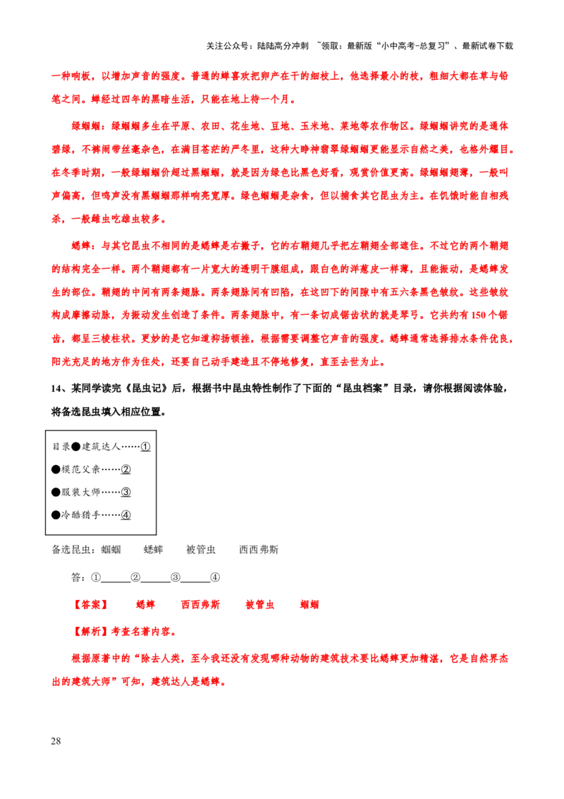 专题20《昆虫记》（知识梳理+练习）（解析版）_02中考总复习（2026版更新中）_01-语文-中考总复习_2025年中考资料_备战2025年中考语文一轮复习考点突破（全国通用）
