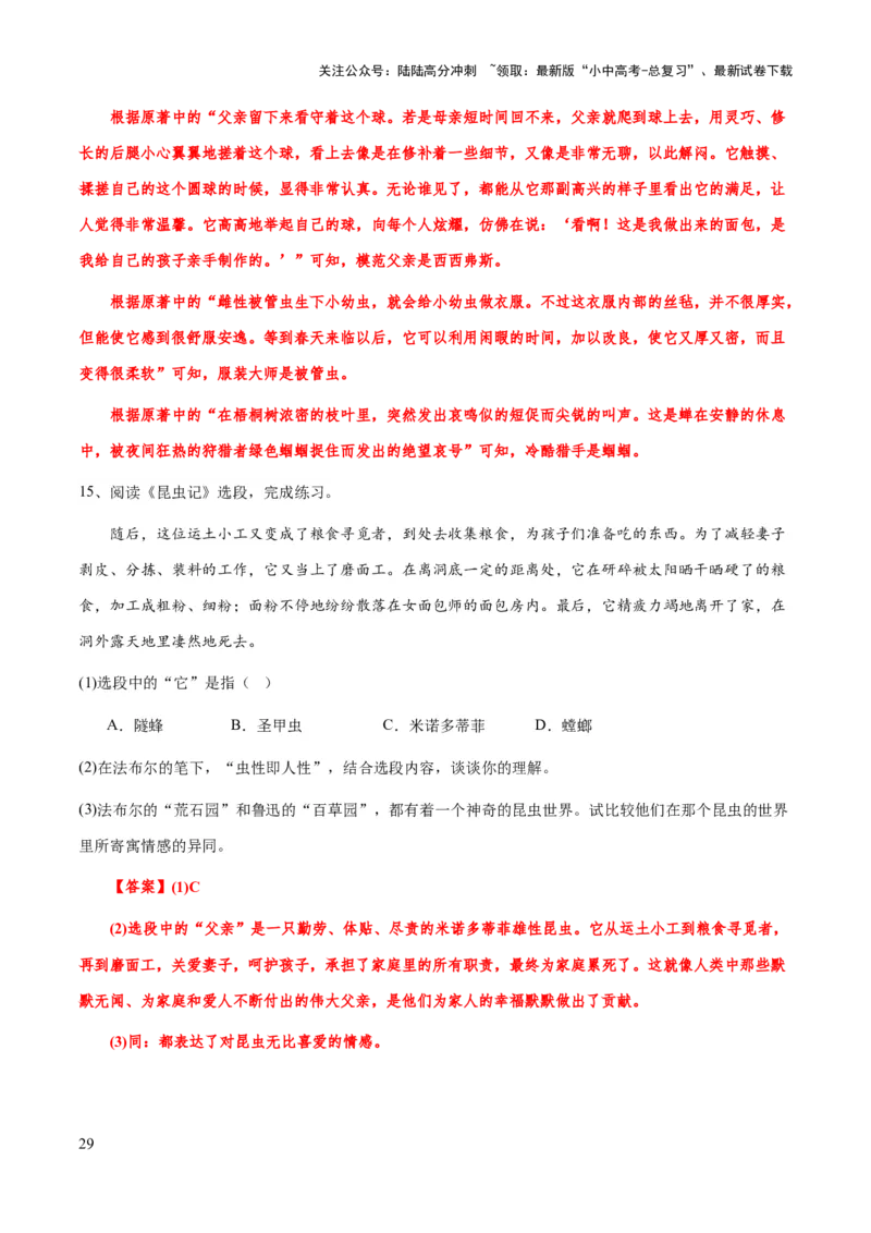 专题20《昆虫记》（知识梳理+练习）（解析版）_02中考总复习（2026版更新中）_01-语文-中考总复习_2025年中考资料_备战2025年中考语文一轮复习考点突破（全国通用）