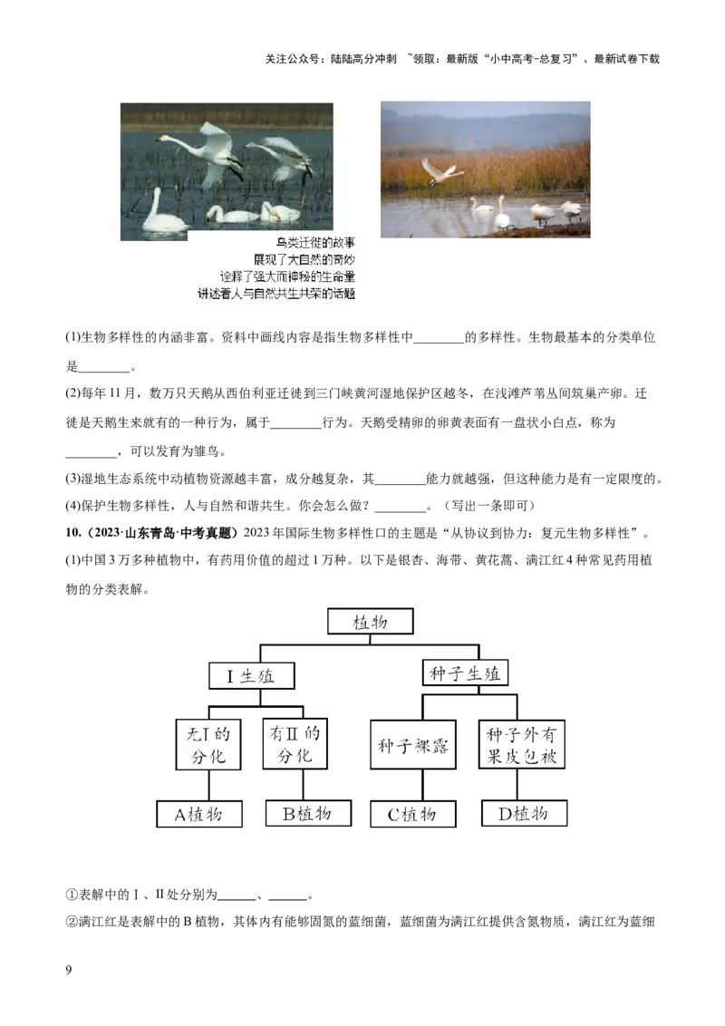 专题19生物多样性及其保护（练习）（原卷版）_02中考总复习（2026版更新中）_08-生物-中考总复习_2024年中考复习资料_一轮复习_❤2024年中考生物一轮复习讲练测（全国通用）_练习