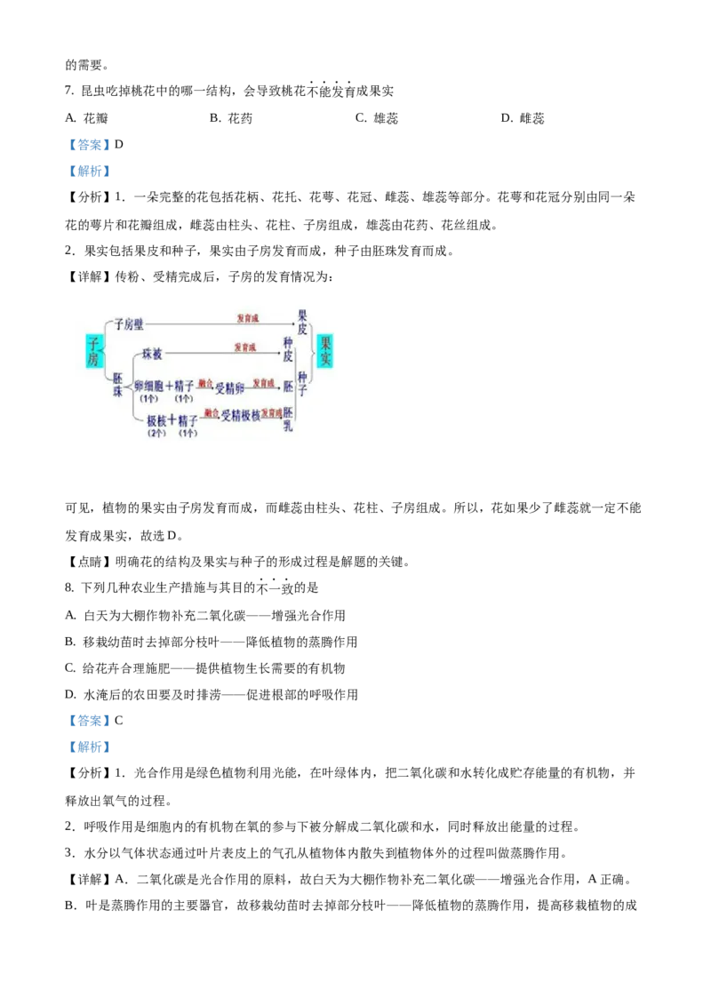 精品解析：2021年北京市门头沟区中考二模生物试题（解析版）(1)_北京初中期末题_C605-京七八九_B京生物七八九_北京八下生物_精品解析：2021年北京市门头沟区中考二模生物试题