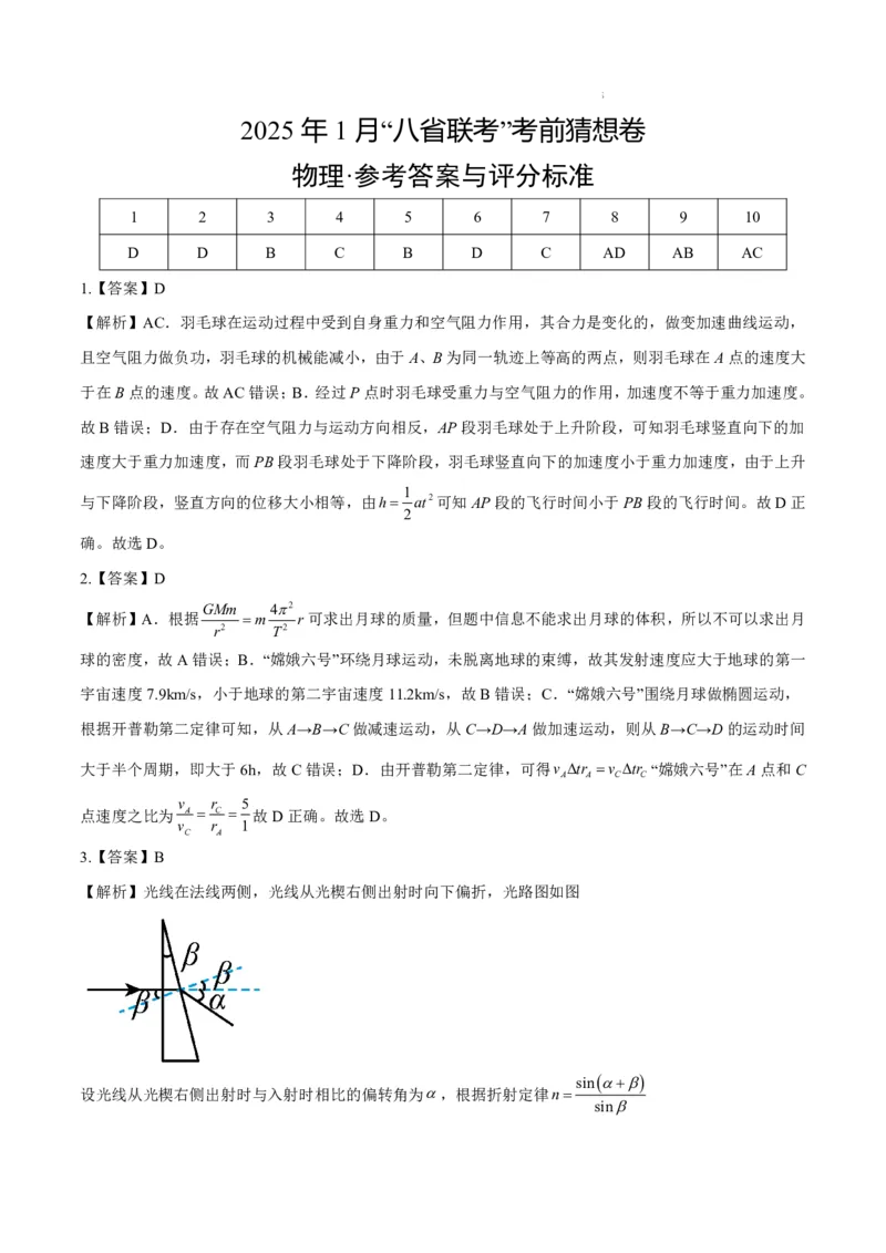 八省2025届高三&ldquo;八省联考&rdquo;考前猜想卷物理01答案_A1502026各地模拟卷（超值！）_12月_2412312025届高三&ldquo;八省联考&rdquo;考前猜想卷