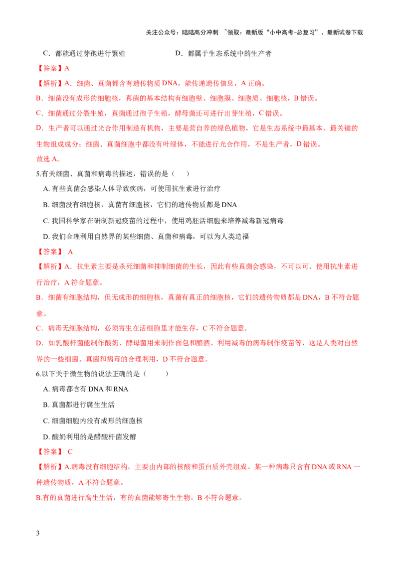 专题18细菌、真菌和病毒（练习）（解析版）_02中考总复习（2026版更新中）_08-生物-中考总复习_2024年中考复习资料_一轮复习_❤2024年中考生物一轮复习讲练测（全国通用）_练习
