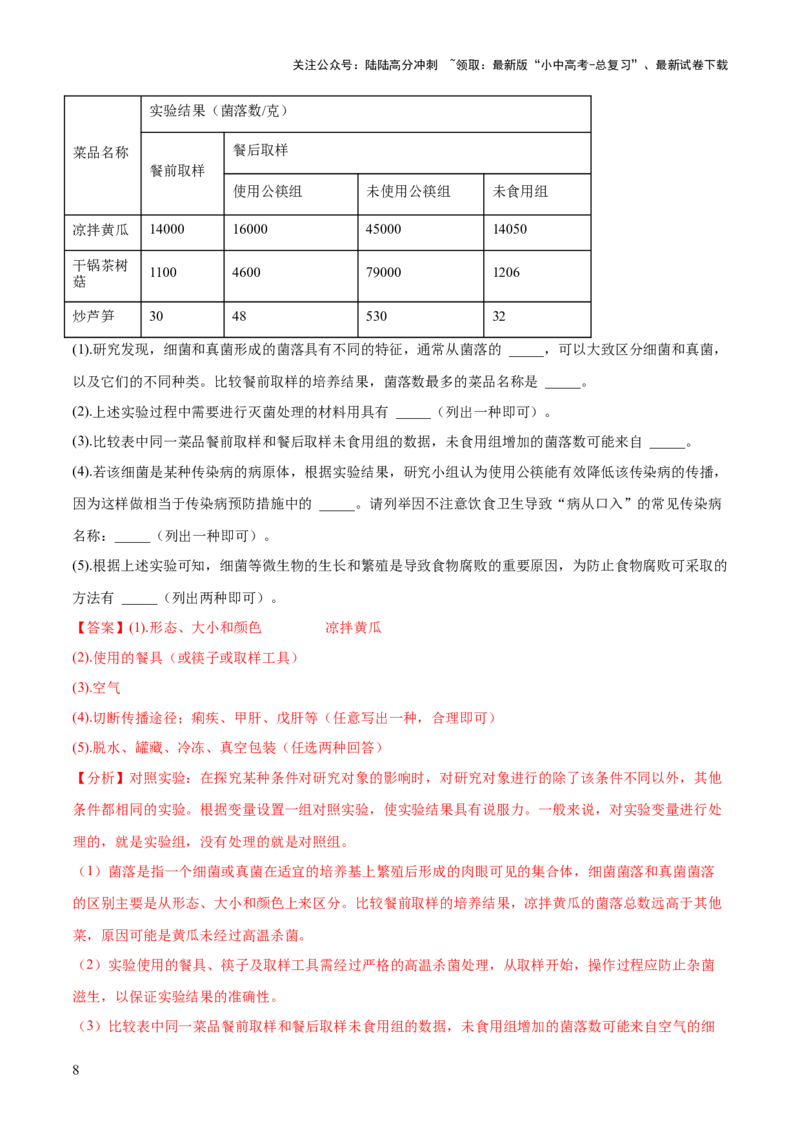 专题18细菌、真菌和病毒（练习）（解析版）_02中考总复习（2026版更新中）_08-生物-中考总复习_2024年中考复习资料_一轮复习_❤2024年中考生物一轮复习讲练测（全国通用）_练习