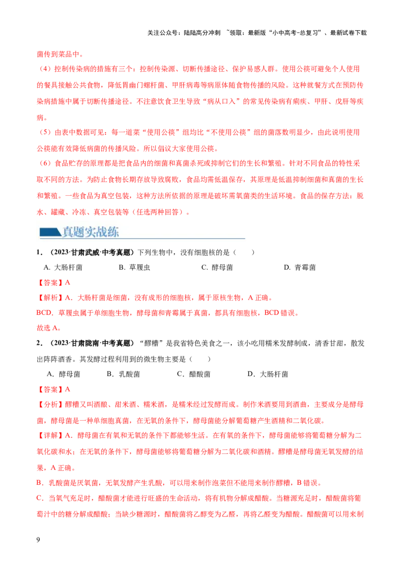 专题18细菌、真菌和病毒（练习）（解析版）_02中考总复习（2026版更新中）_08-生物-中考总复习_2024年中考复习资料_一轮复习_❤2024年中考生物一轮复习讲练测（全国通用）_练习