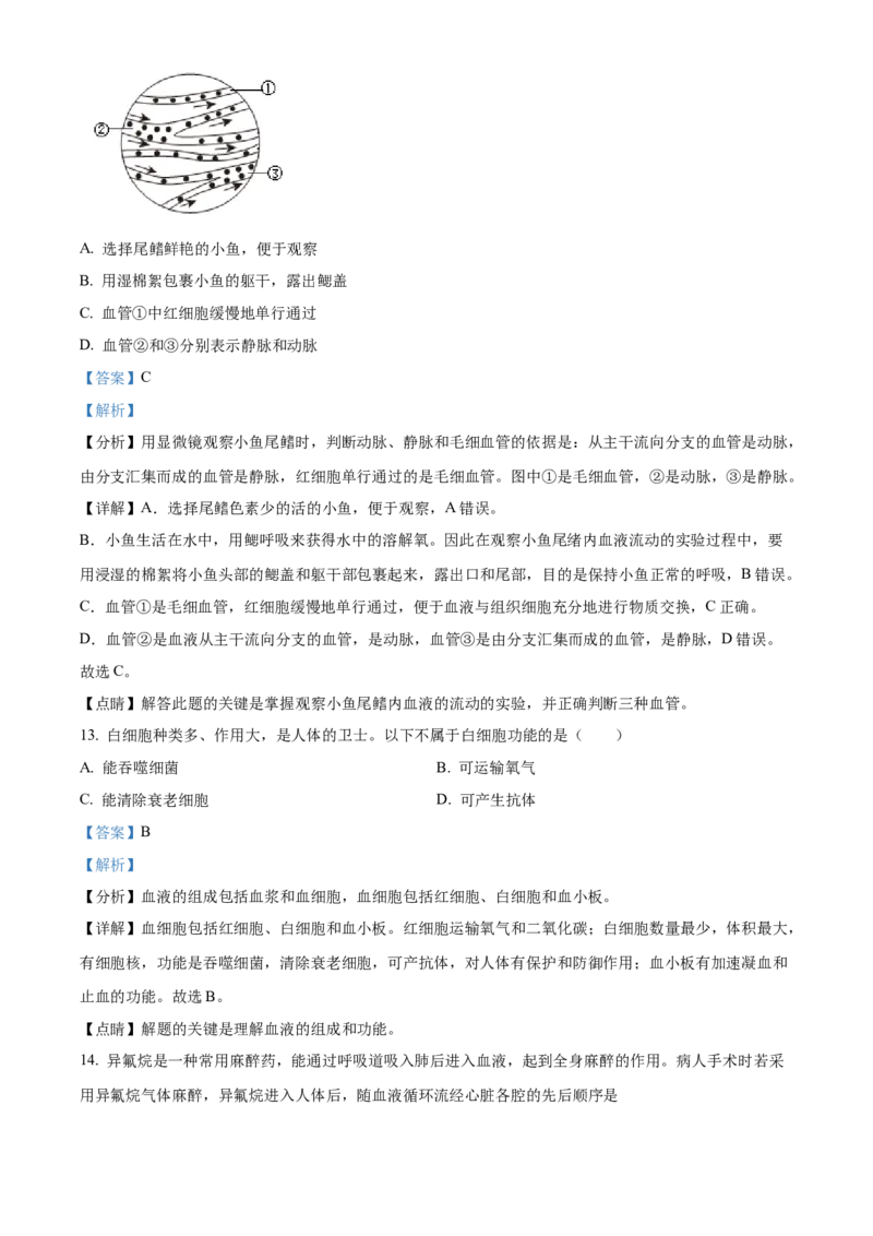 精品解析：北京人民大学附属中学2021-2022学年八年级下学期生物课后服务（六）（解析版）(1)_北京初中期末题_C605-京七八九_B京生物七八九_北京八下生物
