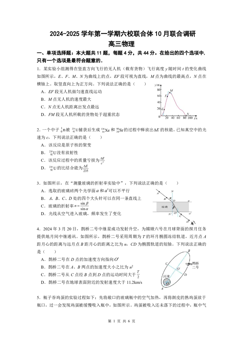 六校联考物理试卷_A1502026各地模拟卷（超值！）_10月_241023江苏省南京市六校联合体2024-2025学年高三上学期10月期中调研