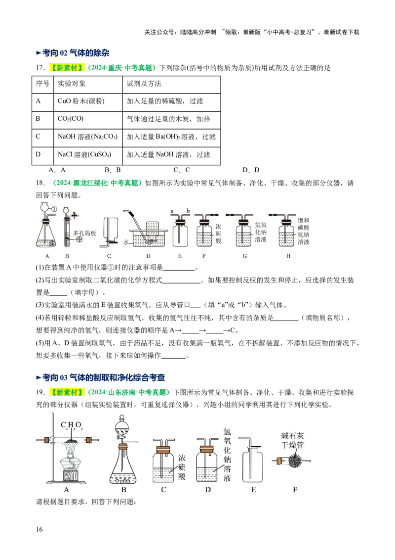 专题16气体的制取、检验和净化（讲义）（原卷版）_02中考总复习（2026版更新中）_05-化学-中考总复习_2025年中考复习资料_2025中考化学一轮复习讲义+课件_讲义