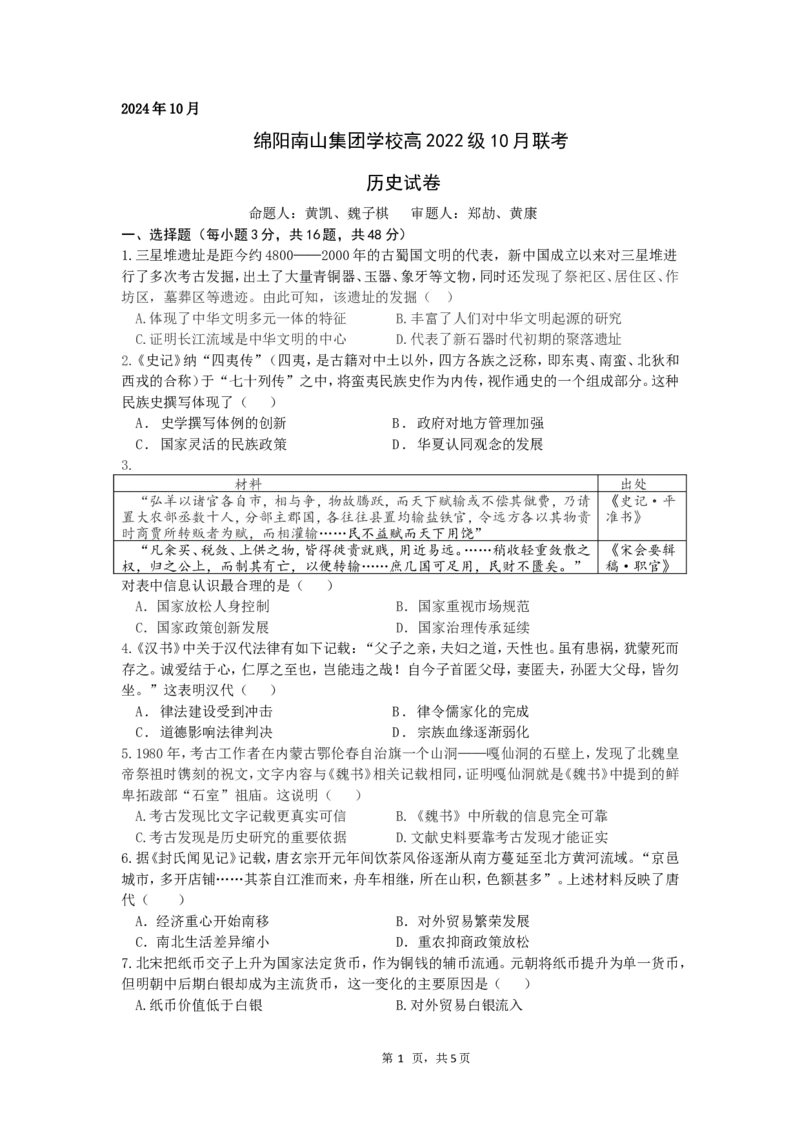 历史试题_A1502026各地模拟卷（超值！）_10月_241016四川省绵阳市南山中学集团学校2024-2025学年高三上学期10月联考