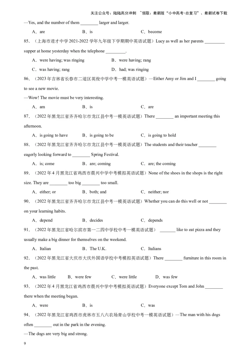 专题17主谓一致100题_02中考总复习（2026版更新中）_03-英语-中考总复习_2024年中考复习资料_专项复习资料_备战2024年中考英语单项选择百题分类训练（中考真题+名地最新模拟题）_811