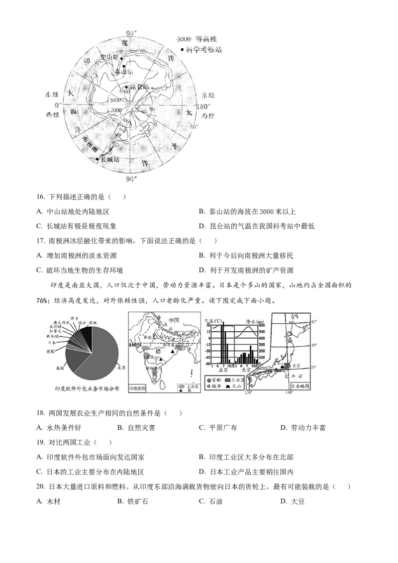 精品解析：北京市北京师范大学附属实验中学2021-2022学年八年级下学期期中地理试题（原卷版）(1)_北京初中期末题_C605-京七八九_B京地理七八九_地理_北京八下地理