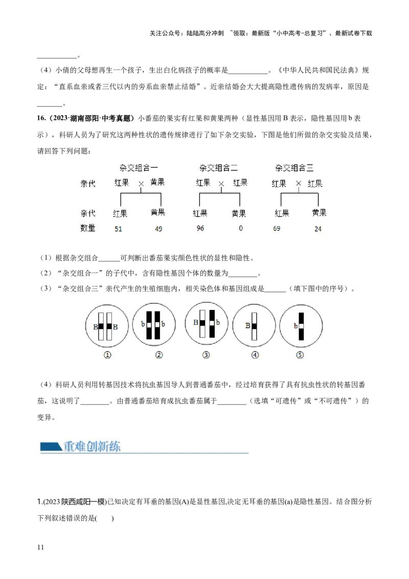 专题21生物的遗传和变异（练习）（原卷版）_02中考总复习（2026版更新中）_08-生物-中考总复习_2024年中考复习资料_一轮复习_❤2024年中考生物一轮复习讲练测（全国通用）_练习