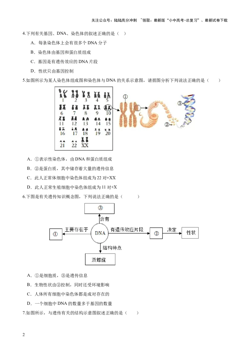 专题21生物的遗传和变异（练习）（原卷版）_02中考总复习（2026版更新中）_08-生物-中考总复习_2024年中考复习资料_一轮复习_❤2024年中考生物一轮复习讲练测（全国通用）_练习