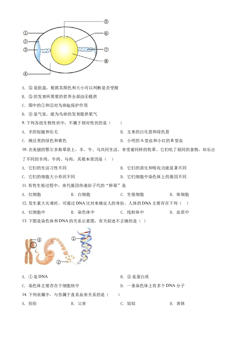精品解析：北京市北京师范大学沧州渤海新区附属学校2020-2021学年八年级下学期期中生物试题（原卷版）(1)_北京初中期末题_C605-京七八九_B京生物七八九_北京八下生物